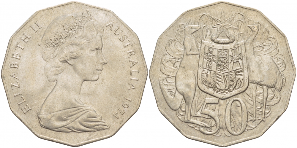 Австралия 50 центов 1974 Елизавета II (1952-2022), герб Австралии, кенгуру KM 68 медно-никель 111-812