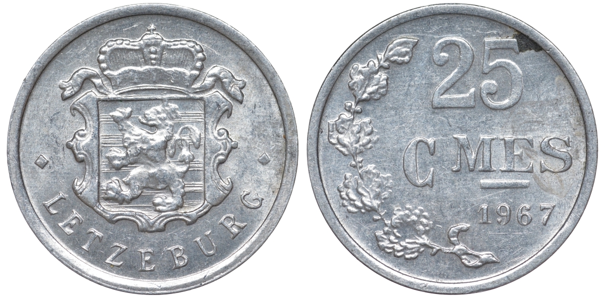 Люксембург 25 сантимов 1967 KM 45a.1 алюминий 4528-128