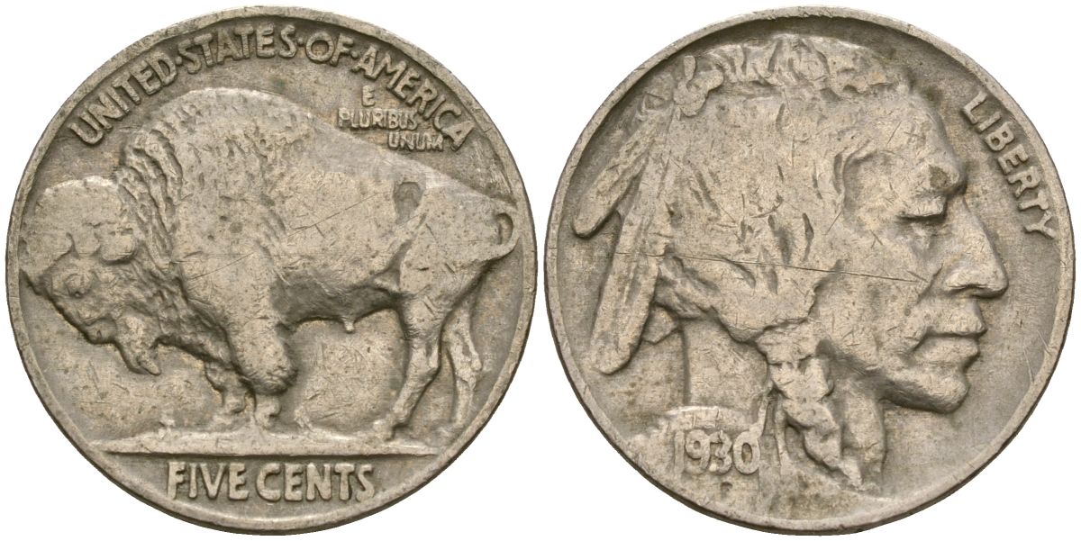 США 5 центов 1930 индеец, бизон KM 134 медно-никель 4525-436