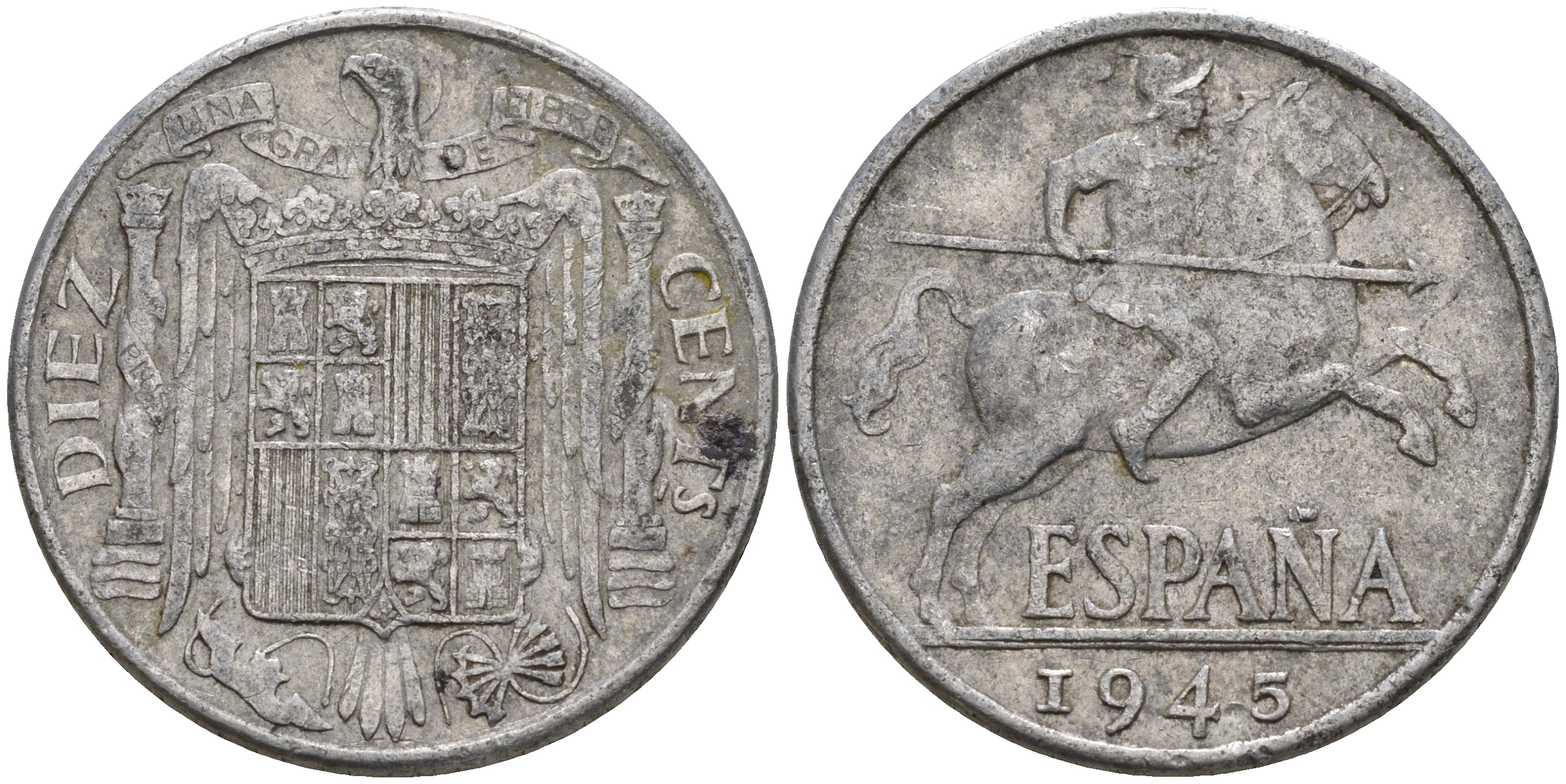 Испания 10 сентимо 1945 всадник KM 766 алюминий    4153-151