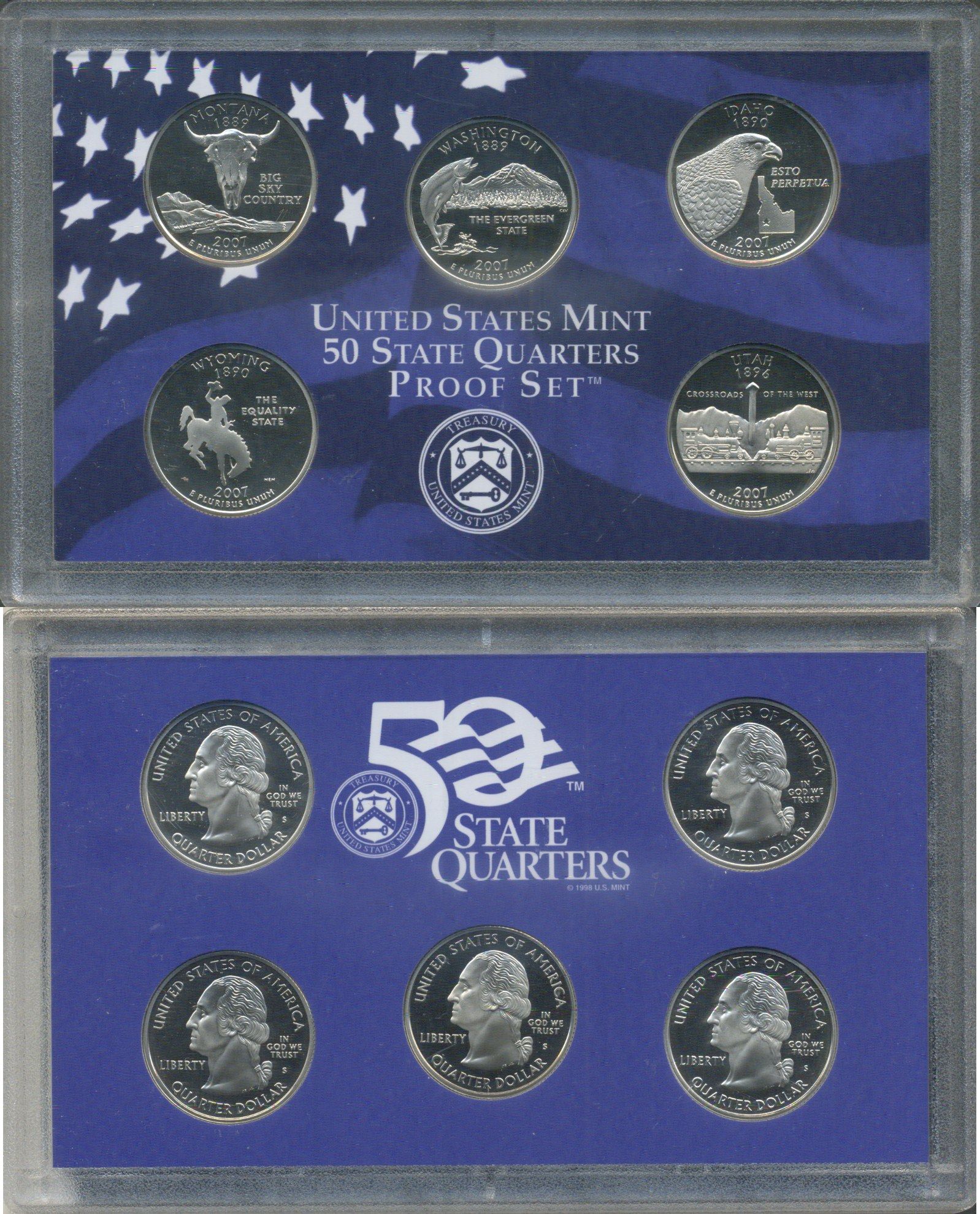 США годовой набор 5 монет (25 центов (квотер)) из серия 50 штатов 2007 P, в оригинальной упаковке с сертификатами KM 396, 397, 398, 399 и 400 PROOF 8-2-06-71