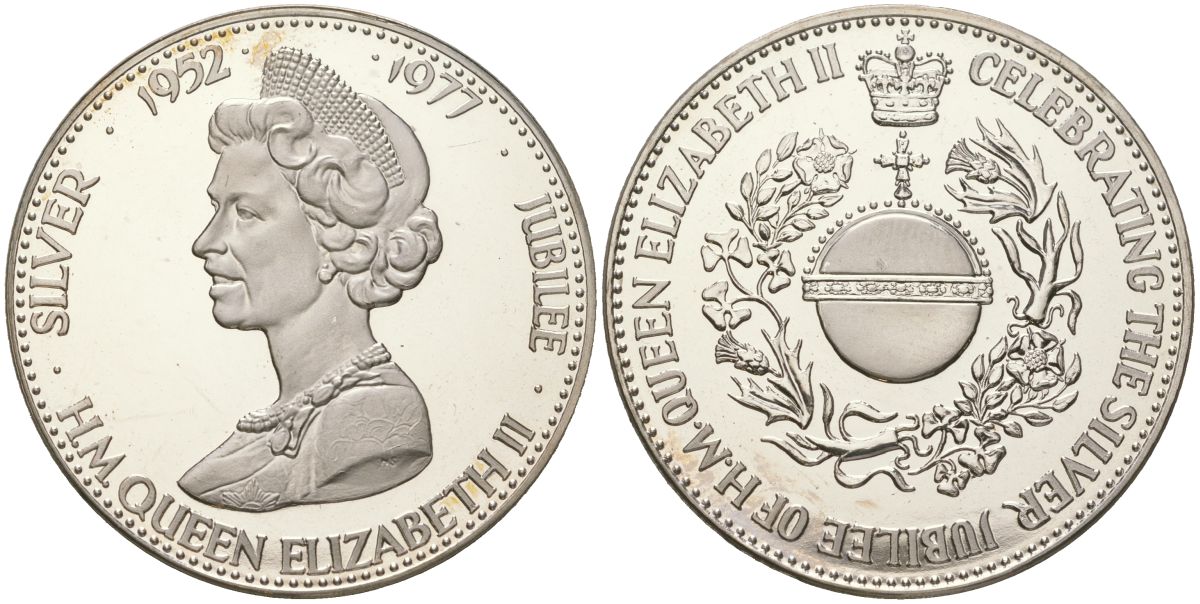 Великобритания медаль "серебрянный юбилей правления Елизаветы II" 1977 диаметр 38 мм, вес 30 гр, в оригинальной упаковке W&E 8748 медно-никель PROOF 1065-2-41