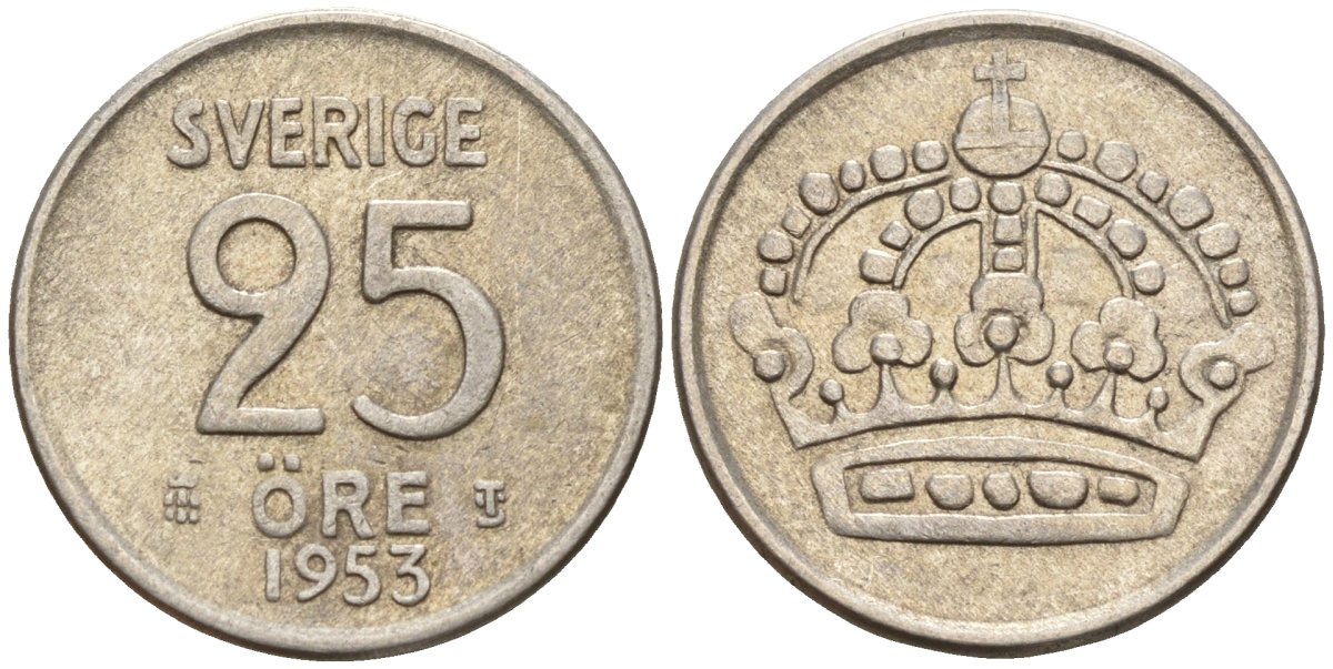 Швеция 25 эре 1953 TS, Густав VI Адольф (1950-1973) KM 824 серебро 4147-1033