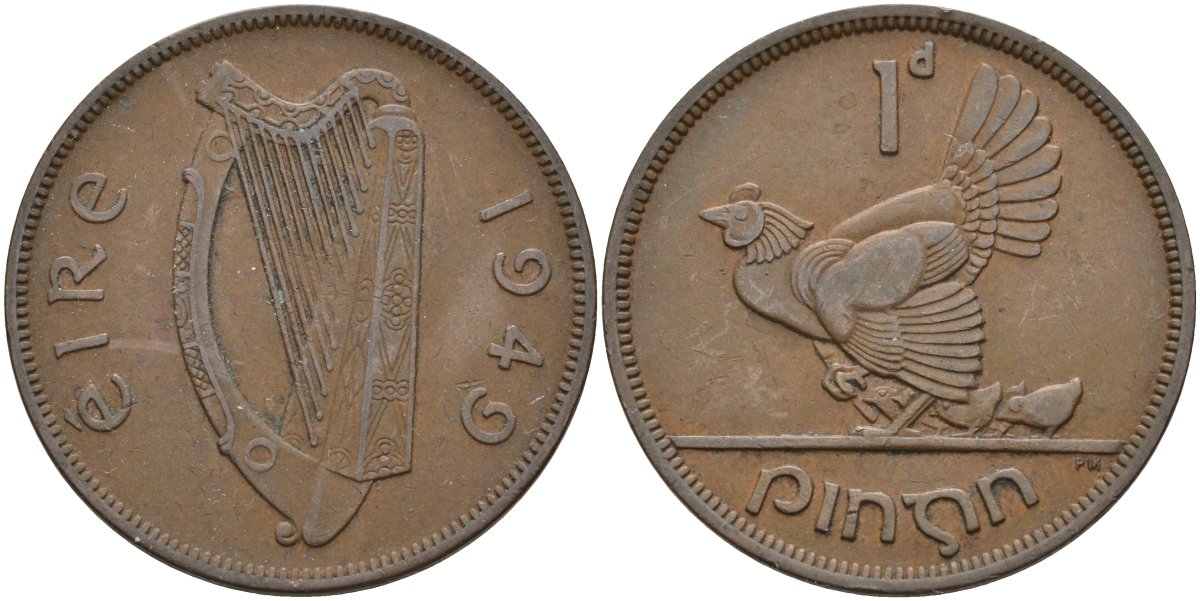 Ирландия 1 пенни 1949 курица с цыплятами KM 11 бронза 4137-721