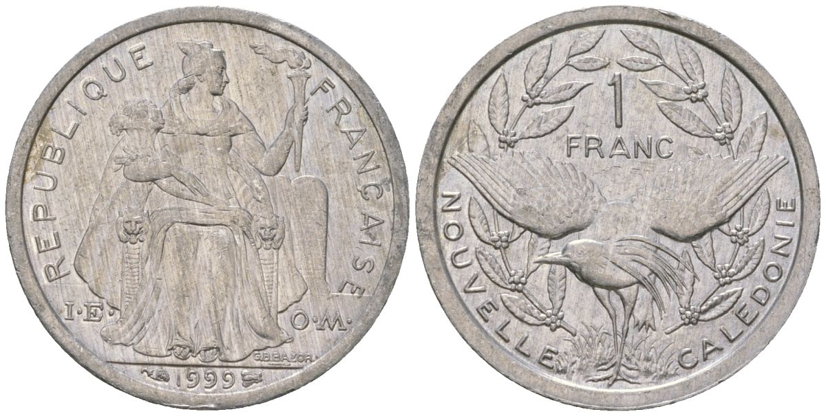 Французская Новая Каледония 1 франк 1999 птица кагу, (IEOM) KM 10, Schoen 10, Lec 52d алюминий 41-835