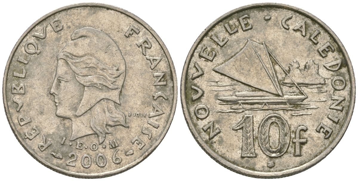 Французская Новая Каледония 10 франков 2006 рыбачья парусная лодка, (IEOM) KM 11a, Schoen 13a, Lec 99k медно-никель 54-2355