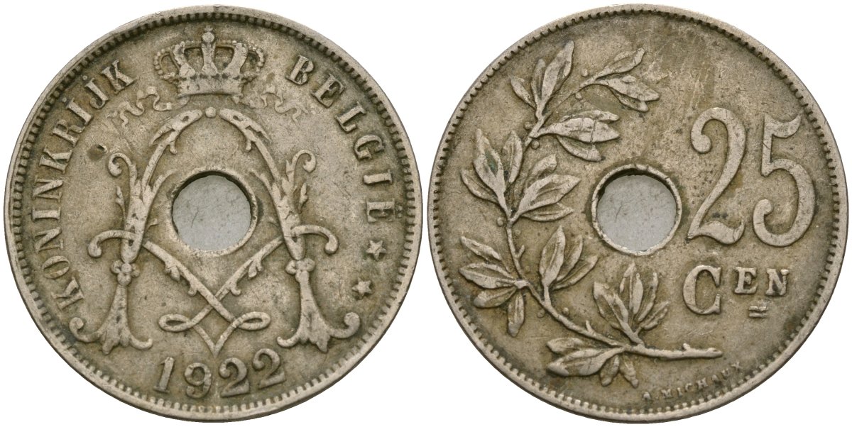 Бельгия 25 сантимов 1922 BELGI? KM 69 медно-никель 4137-616