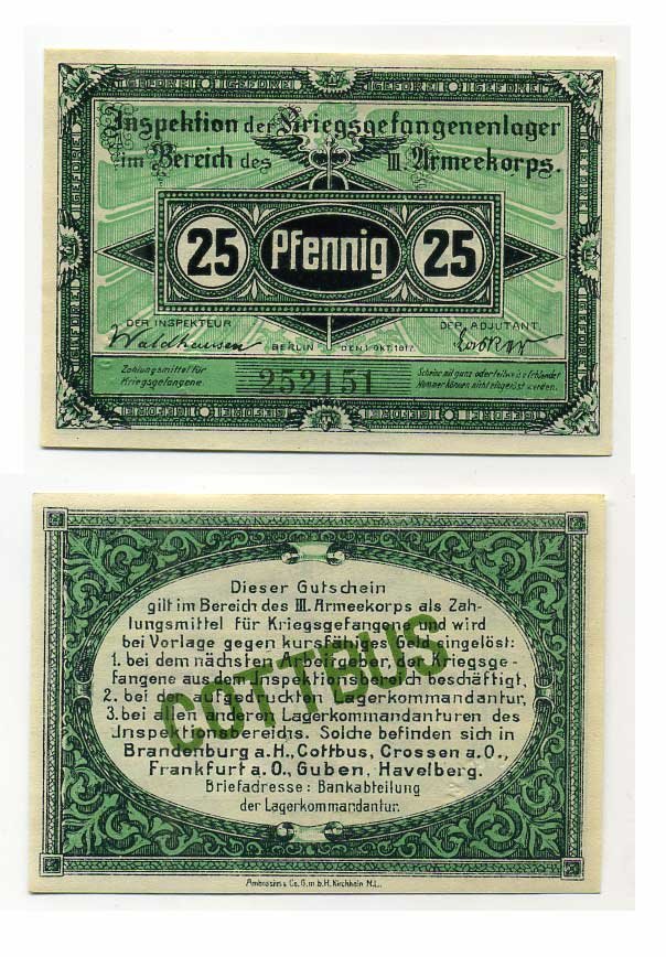 Германия 25 пфеннигов 1917 инспекция лагерей военнопленных в Котбусе, III-ий Армейский корпус C-2835 бумага UNC (пресс) 504-80-2-1