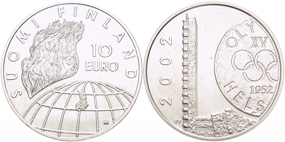 Финляндия 10 евро 2002 50 лет Олимпиаде 1952 года в Хельсинки KM 107 серебро UNC 01-162-25