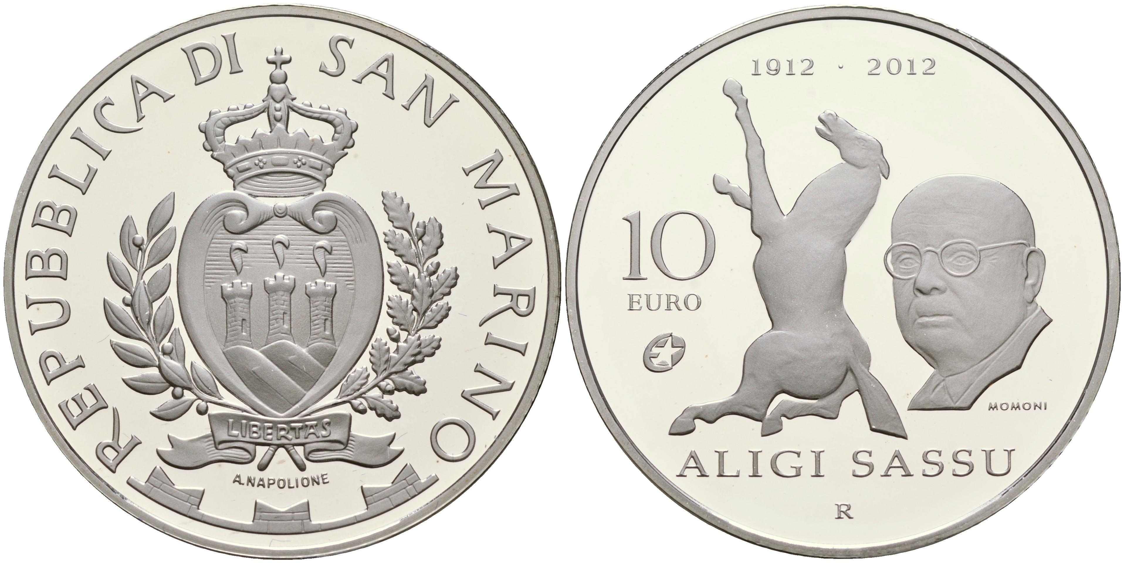 Сан-Марино 10 евро 2012 100 лет со дня рождения архитектора Алиджи Сассу, коробка, сертификат, SM 161 серебро PROOF 2-5-2-7