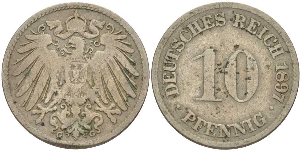 Германия 10 пфеннигов 1897 G KM 12, J. 13 медно-никель 4401-1017