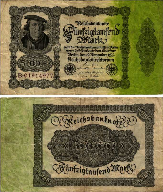 Германия 50000 марок 1922 19 ноября 1922, выпуск (20 февраля 1923-5 июля 1925), номер восьмизначный, серия В Pick 79, Роземберг 79а бумага 434-5-1-1
