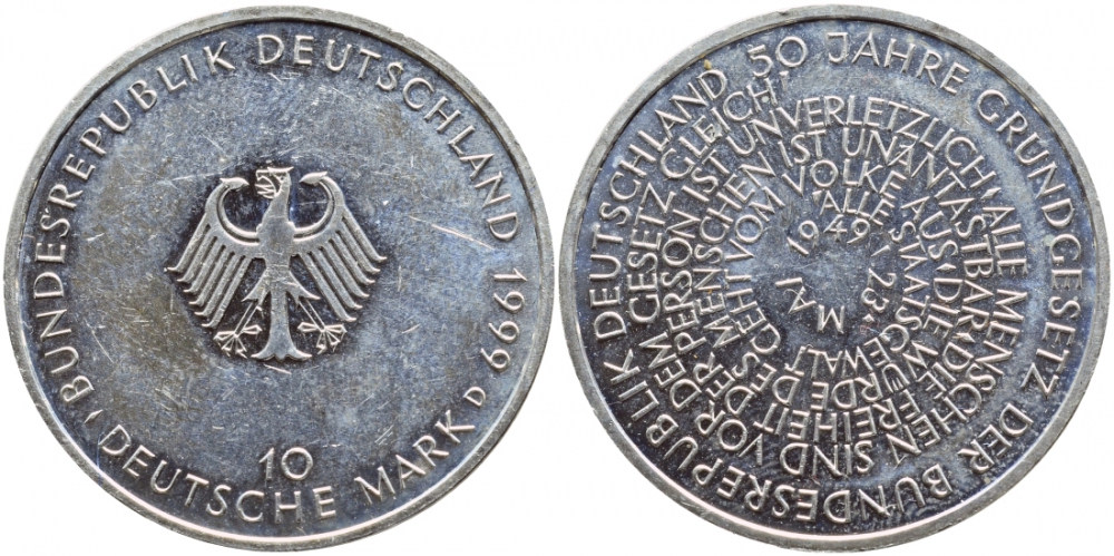 ФРГ 10 марок 1999 D, 50 лет конституции ФРГ KM 196 серебро aUNC 1520-1514