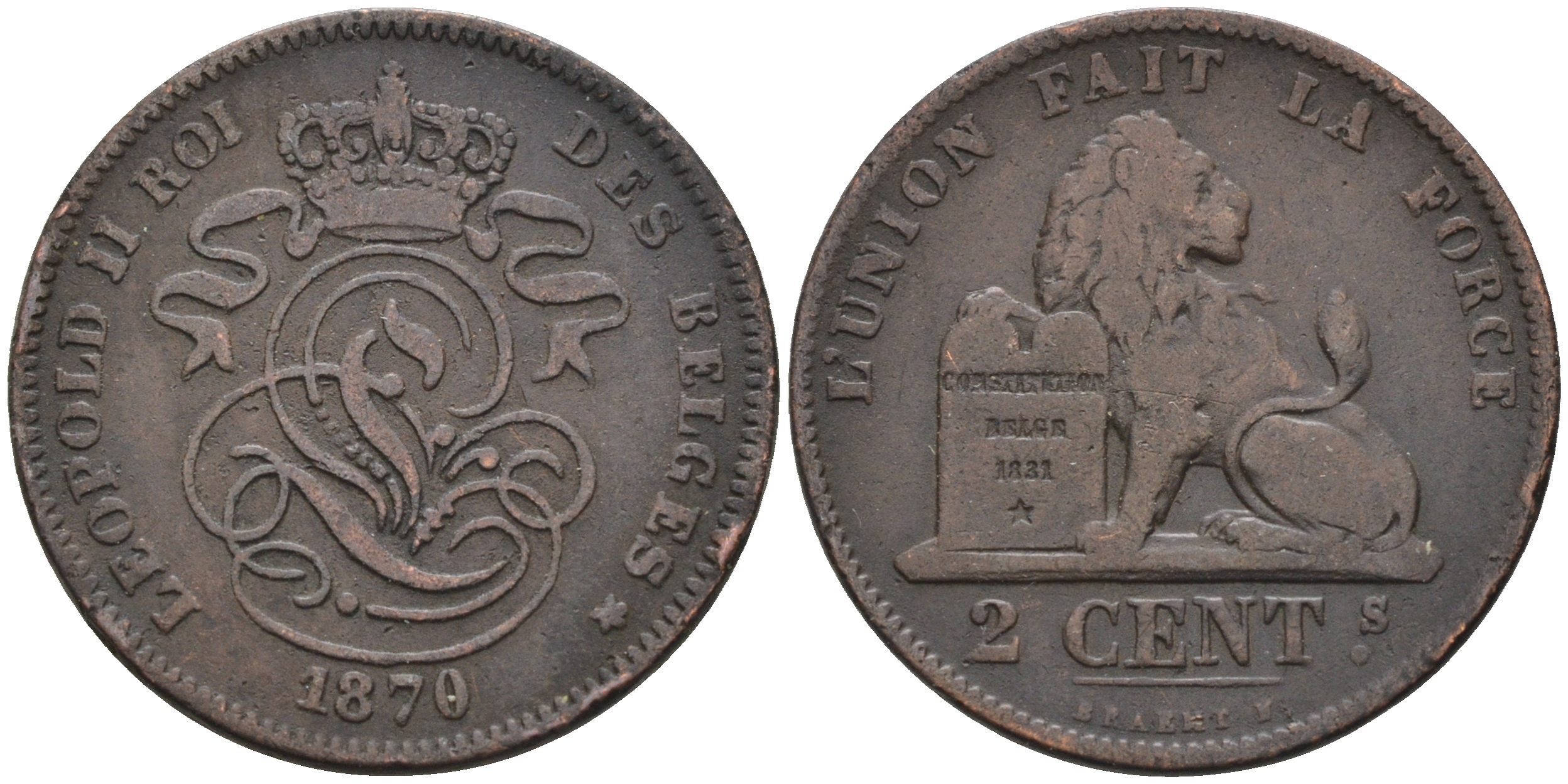 БЕЛЬГИЯ 2 САНТИМА 1870 BELGES KM 35.1 медь 4589-736