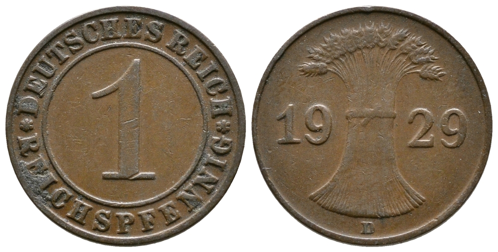 ГЕРМАНИЯ 1 РЕЙХСПФЕННИГ 1929 D KM 37, J. 313 бронза 4380-1165