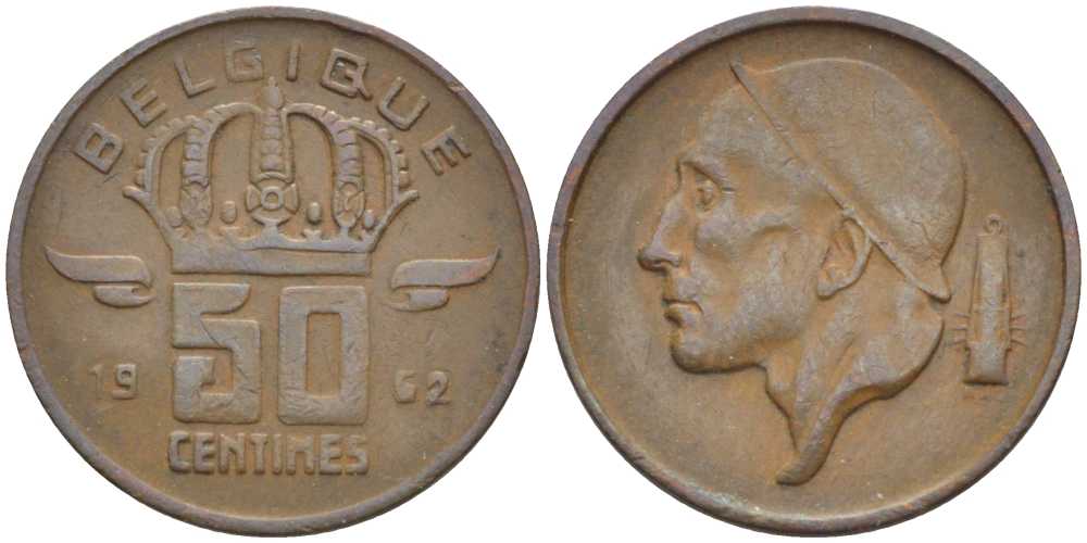 БЕЛЬГИЯ 50 САНТИМОВ 1962 BELGIQUE, БОДУЭН I (1951-1993) KM 148.1 бронза 116-1019