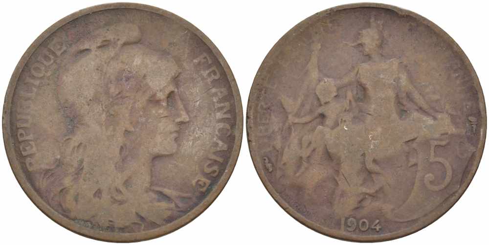 ФРАНЦИЯ 5 САНТИМОВ 1904 ТИП ДАНИЭЛЬ ДЮПЮИ KM 842, LE FRANC 119.14 бронза 108-843