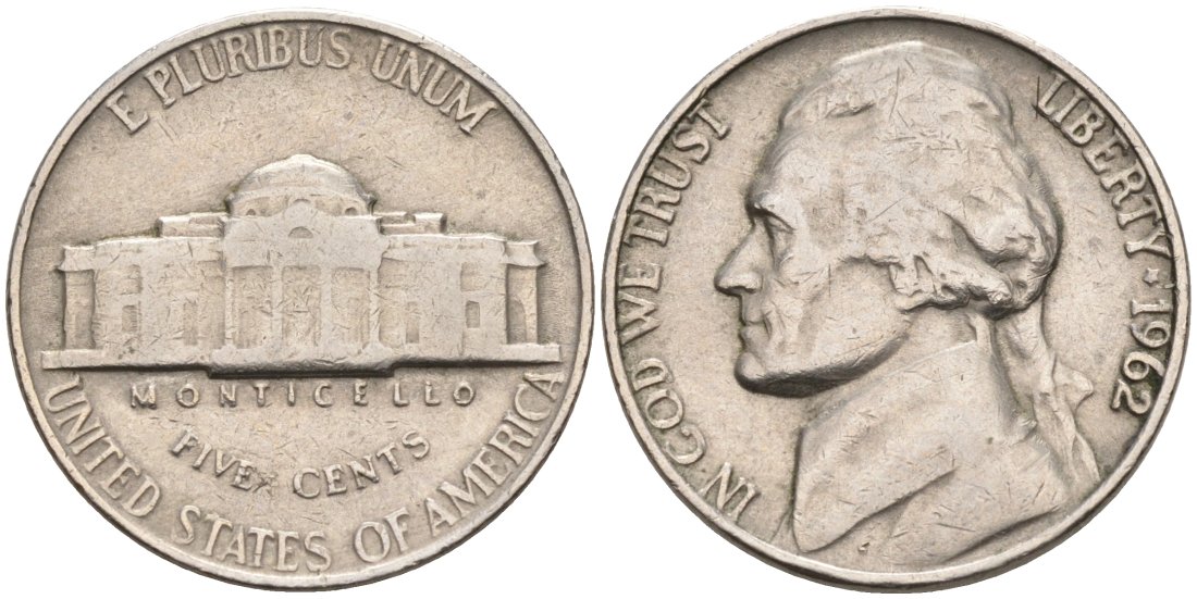 США 5 центов 1962 Джефферсон KM А192 медно-никель 92-1047