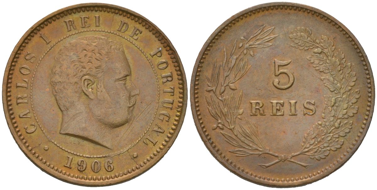 Португалия 5 реалов (рейсов) 1906 Карлуш I (1889-1908) KM 530 бронза 4584-1152
