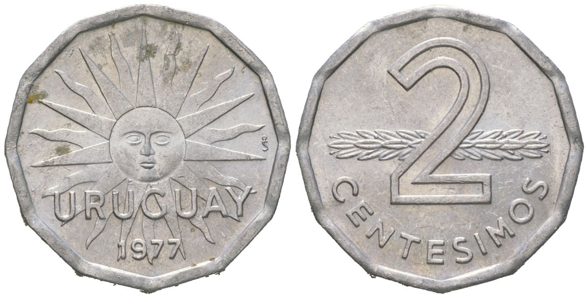 Уругвай 2 сентесимо 1977 KM 72 алюминий aUNC 4615-117