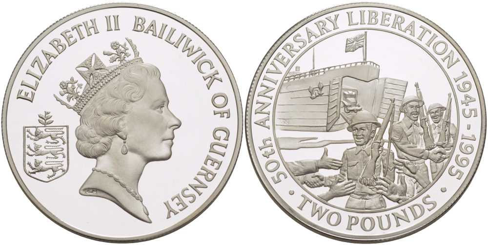 Гернси 2 фунта 1995 50 лет освобождения Нормандских островов, ПИФОРТ,  в оригинальной коробке, с сертификатом, вес 56,56 гр. KM 61b серебро  PROOF  6-5-3-26