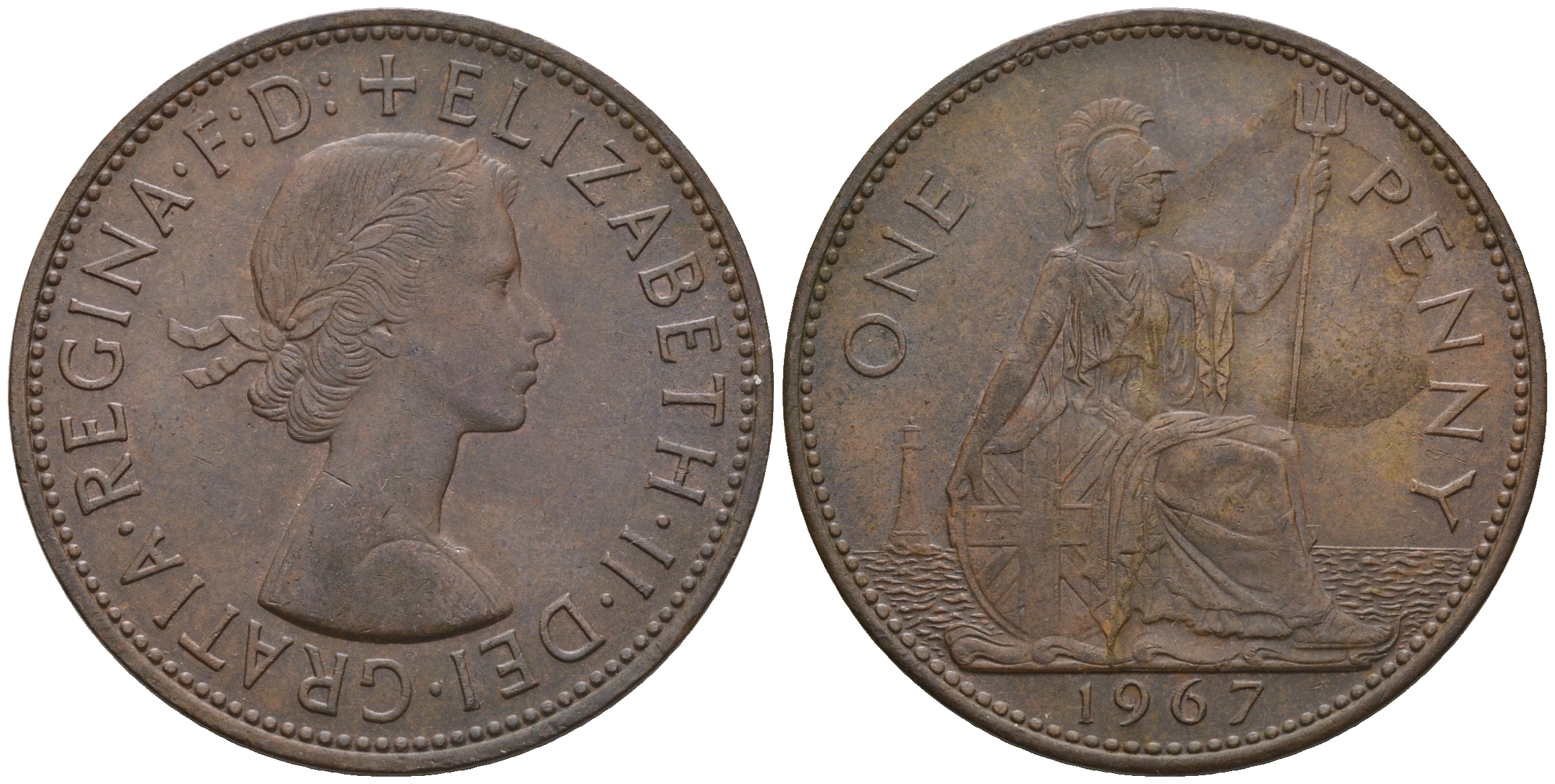 Великобритания 1 пенни 1967 Елизавета II (1952-2022) KM 897, Spink 4157 бронза 4607-1135