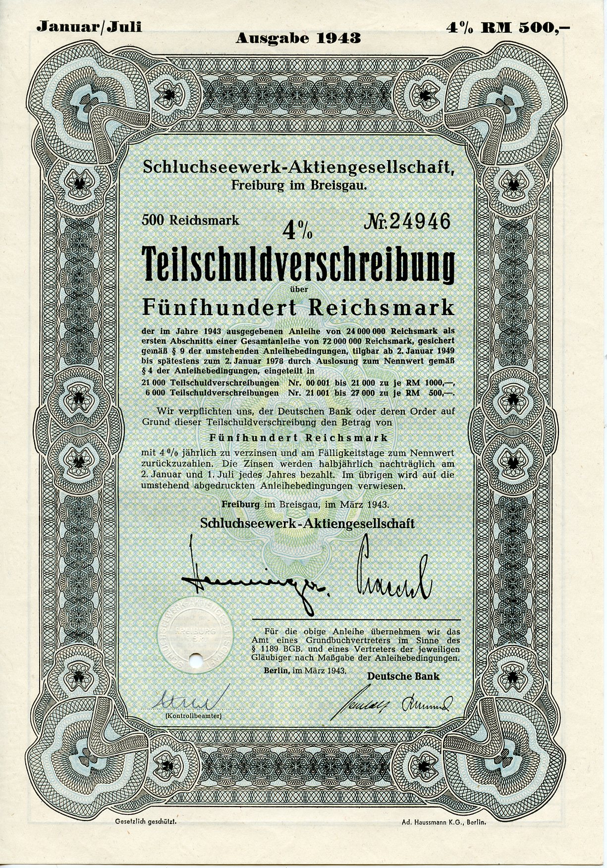 Германия 500 рейхсмарок 1943 АО Schluchseewerk (оператор 5 ГЭС), Фрайбург-им-Брайсгау, 4% -ное частичное обязательство   бумага   8804-100-1