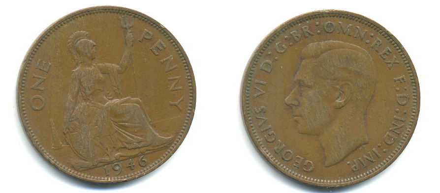 Великобритания 1 пенни 1946 Георг VI (1936-1952) KM 845, Spink 4114 бронза 89-226