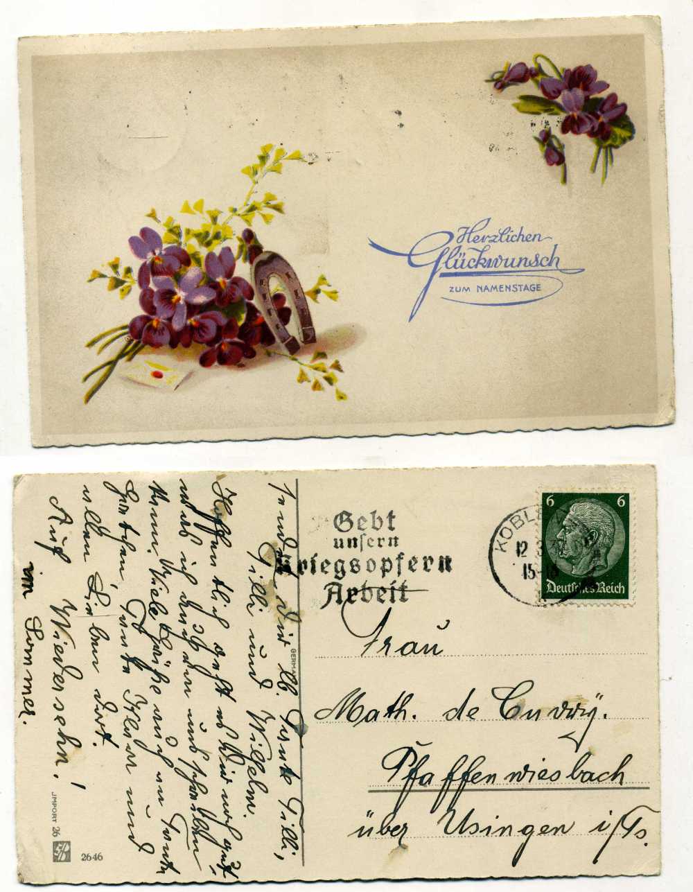 ГЕРМАНИЯ ОТКРЫТКА 1937 С ДНЕМ СВЯТОГО ИМЯНИ, ПИСЬМО ИЗ ТРУДОВОГО ЛАГЕРЯ бумага 2193-20