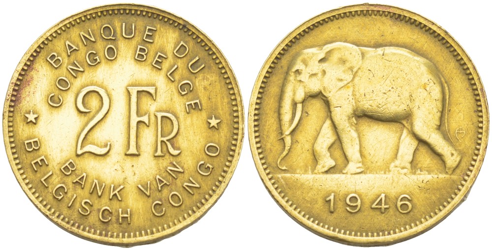 Бельгийское Конго 2 франка 1946 слон KM 28 латунь 4541-1015