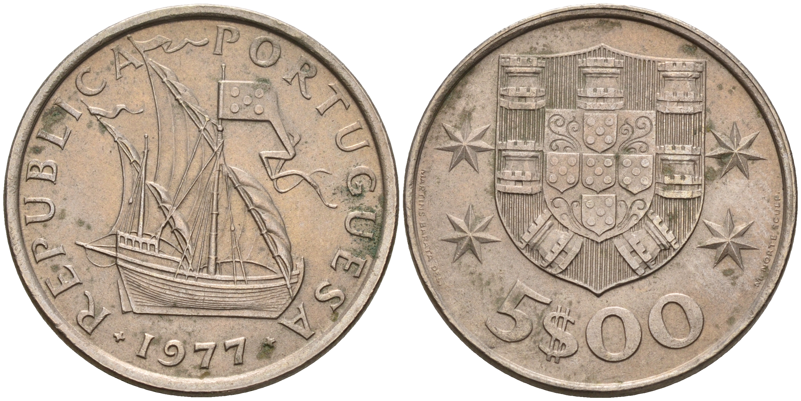 Португалия 5 эскудо 1977 парусник KM 591 медно-никель    4153-144