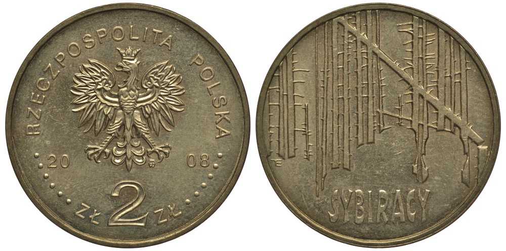 Польша 2 злотых 2008 сибирские ссыльные (сибирские леса) KM 638 латунь 114-425