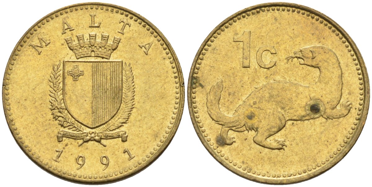 Мальта 1 цент 1991 ласка, горностай KM 93 никель латунь 4585-1215