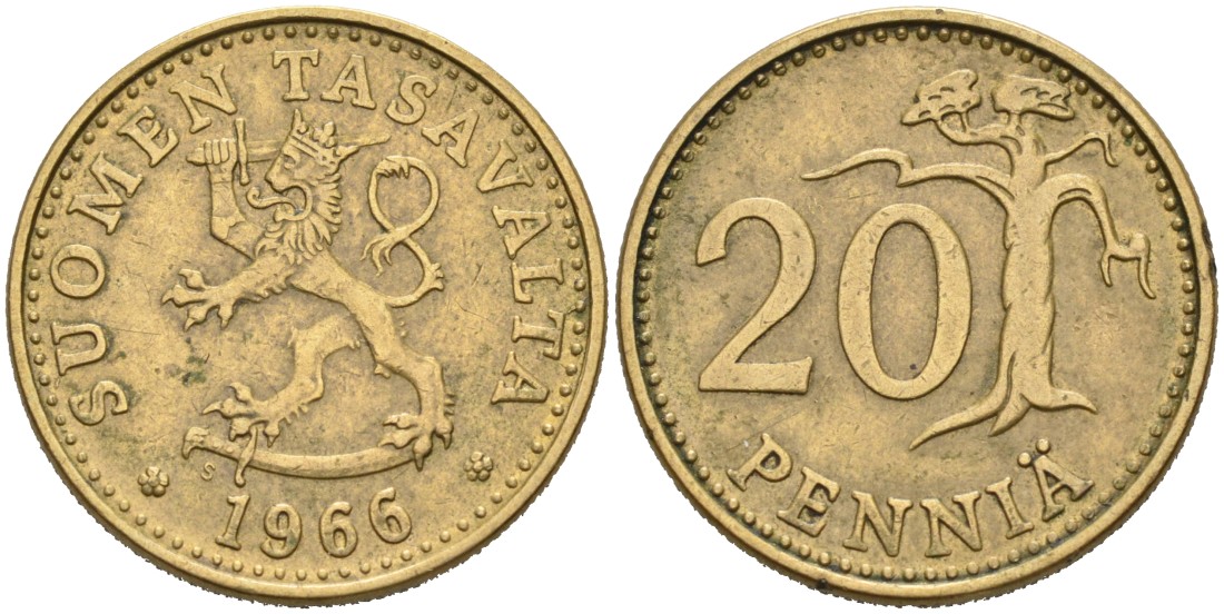 ФИНЛЯНДИЯ 20 ПЕННИ 1966 S KM 47 алюминиевая бронза 4563-312