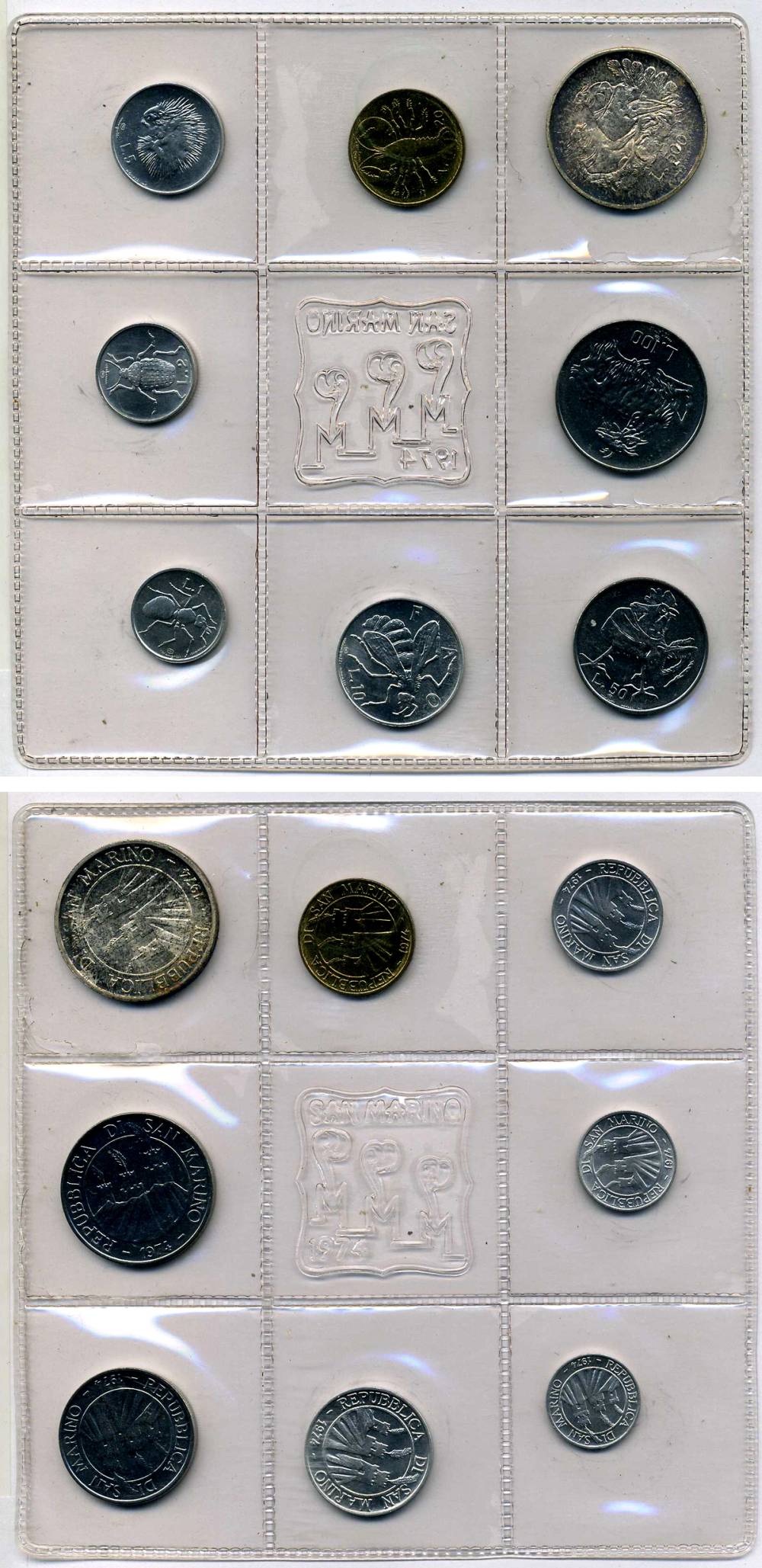 Сан-Марино годовой набор из 8 монет 1974 1, 2, 5, 10, 20, Сан-Марино годовой набор из 8 монет 1974 1, 2, 5, 10, 20, 50, 100 и 500 лир два стилизованных голубя KM 30-37, в оригинальной пластиковой запайке серебро KM MS3 серебро UNC 3-4-5-31