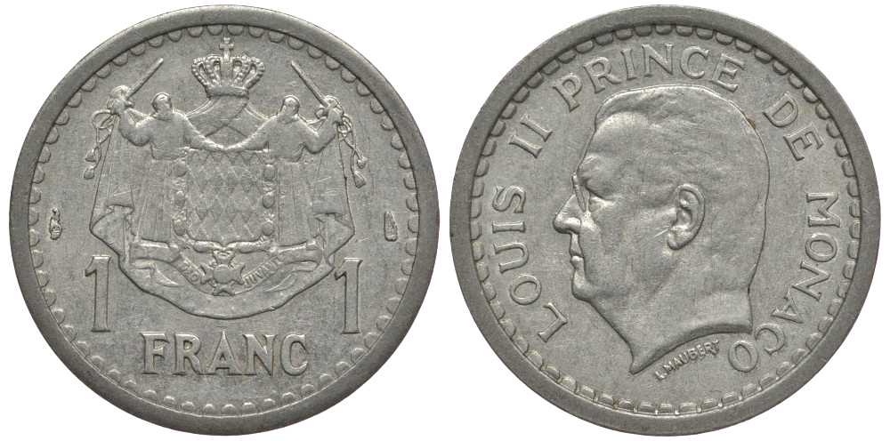 Монако 1 франк 1943 Луи II (1922-1949) KM 120 алюминий 113-824