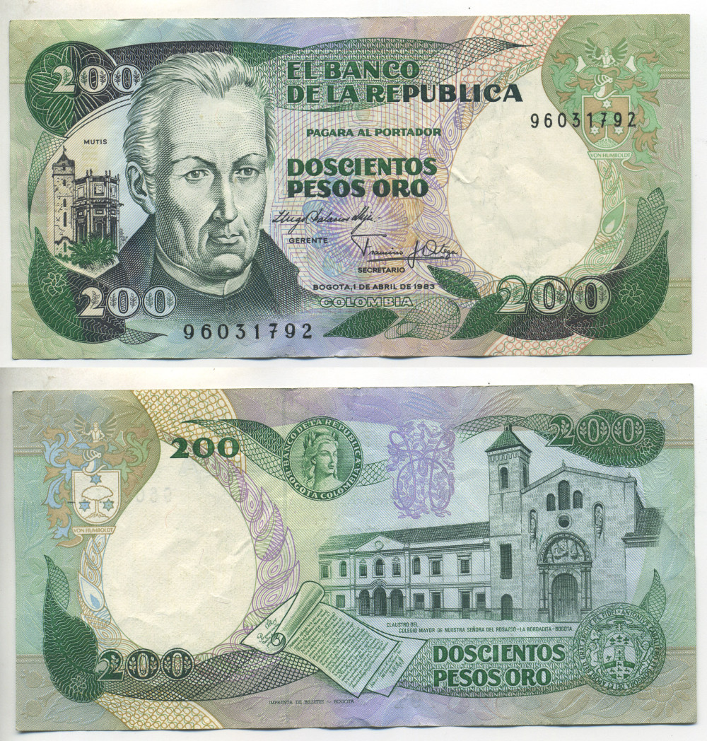 Колумбия 200 песо 1983 Хосе Селестино Мутис, Университет Росарио Pick 428а бумага 7523-4-1-2