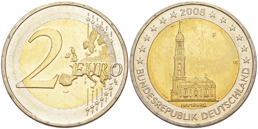 ФРГ 2 евро 2008 F, серия федеральные земли, церковь Св. Михаила в Гамбурге KM 261 биметалл UNC 4111-811