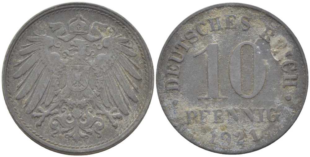 ГЕРМАНИЯ 10 ПФЕННИГОВ 1921 (1917-1922) KM 26, J. 299, Weege 8 цинк 210-247