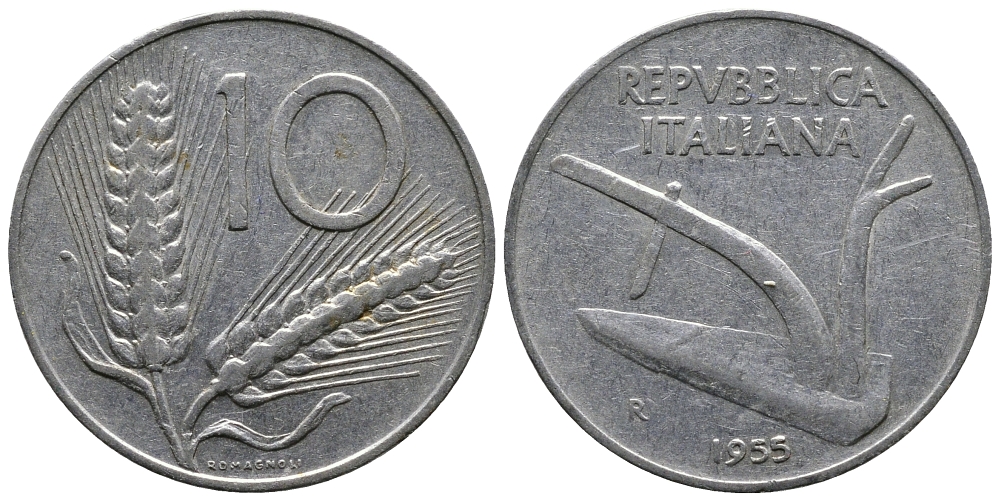 ИТАЛИЯ 10 ЛИР 1955 R, КОЛОСЬЯ, ПЛУГ KM 93 алюминий 83-1832