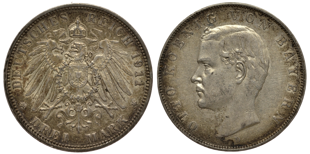 Бавария 3 марки 1911 Отто (1886-1913) Weege 45, J. 47, KM 515 серебро 3711-2025