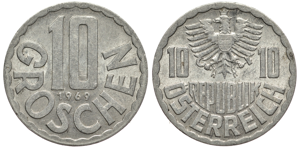 АВСТРИЯ 10 ГРОШЕЙ 1969 KM 2878 алюминий 4390-811