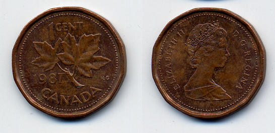 Канада 1 цент 1987 Елизавета II (1952-2022), кленовый лист KM 132 бронза 54-111