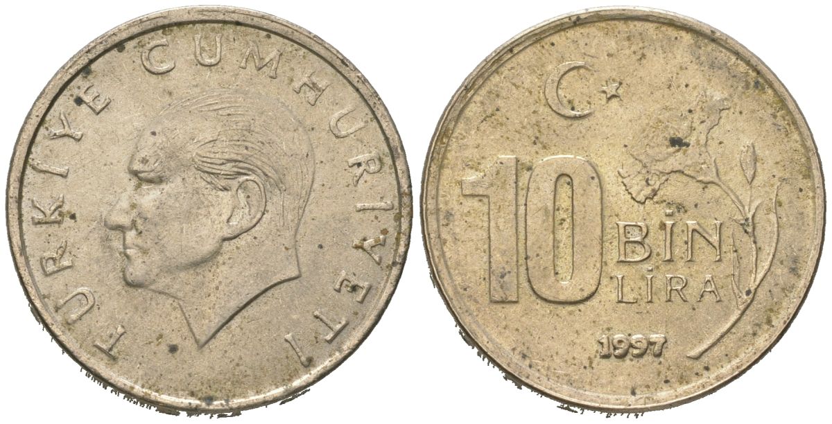 Турция 10000 лир 1997 KM 1027.1 медь цинк никель 4582-457