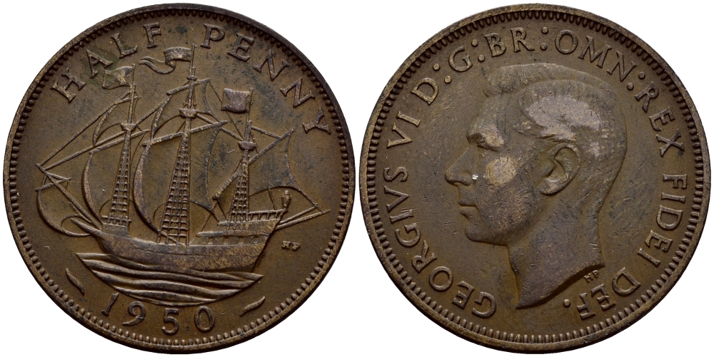 Великобритания 1/2 пенни 1950 Георг VI (1936-1952) KM 868, Spink 4118 бронза 62-1152