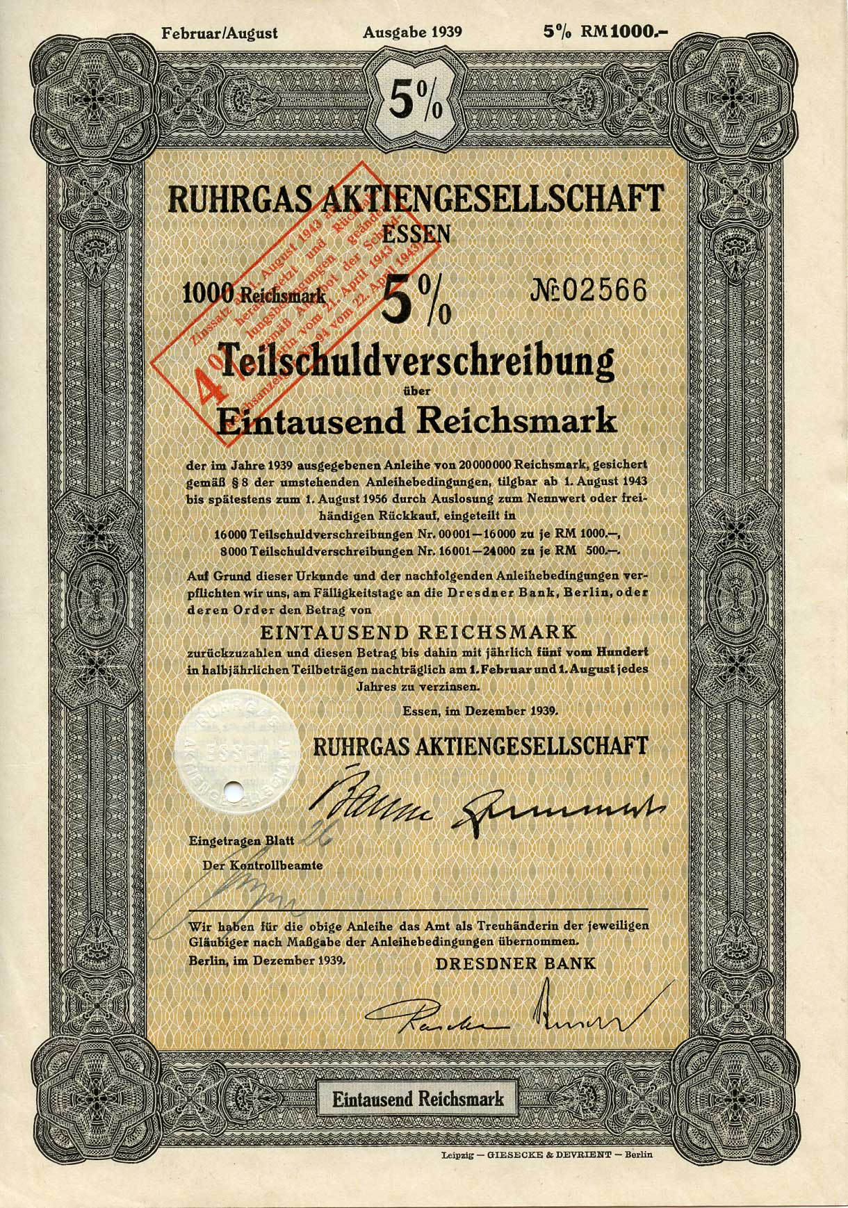 Германия 1000 рейхсмарок 1939 Акционерное общество Рургас Эссен, 5% -ное частичное долговое обязательство с маркой конвертации под 4% -ную процентную ставку, облигация   бумага   8804-21-1