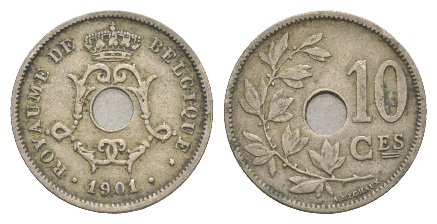 Бельгия 10 сантимов 1901 Belgique, Леопольд I (1865-1909) KM 48 медно-никель 4615-923