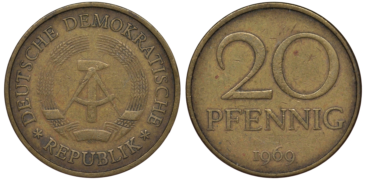 ГДР 20 пфеннигов 1969 А, первый год KM 11 латунь 62-1034