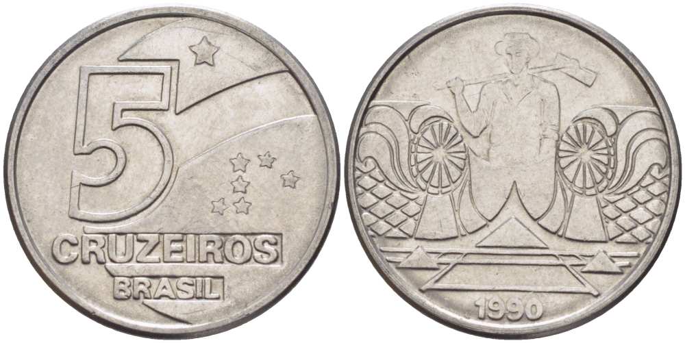 Бразилия 5 крузейро 1990 фермер KM 618.1 нержавеющая сталь 3457-816