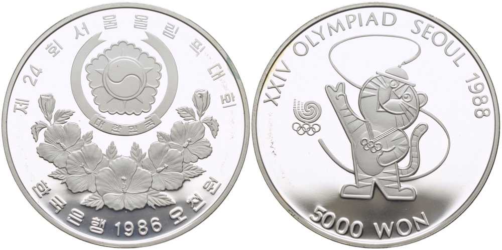 Южная Корея 5000 вон 1986 XXIV Летние Олимпийские игры в Сеуле 1988 года, олимпийский талисман KM 54 серебро PROOF 1076-10-52